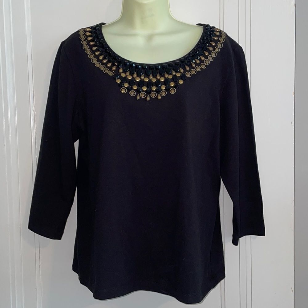 Ruby Road black knit top with black & gold embellished neck